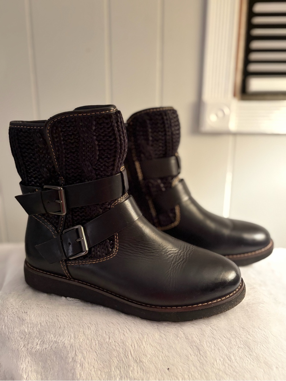 Bionica Black Quilted Knit-Cuff Ankle Boots with Buckle Straps